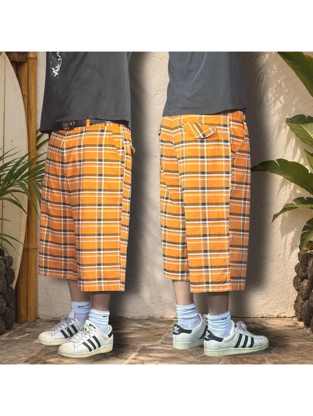 Ultra Baggy Y2K Brooklyn Express Plaid Shorts Orange Striped Size 40 Skater